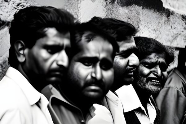 5 indian man standing in line in a jail crying. Rape cases in rise- Indianman.in