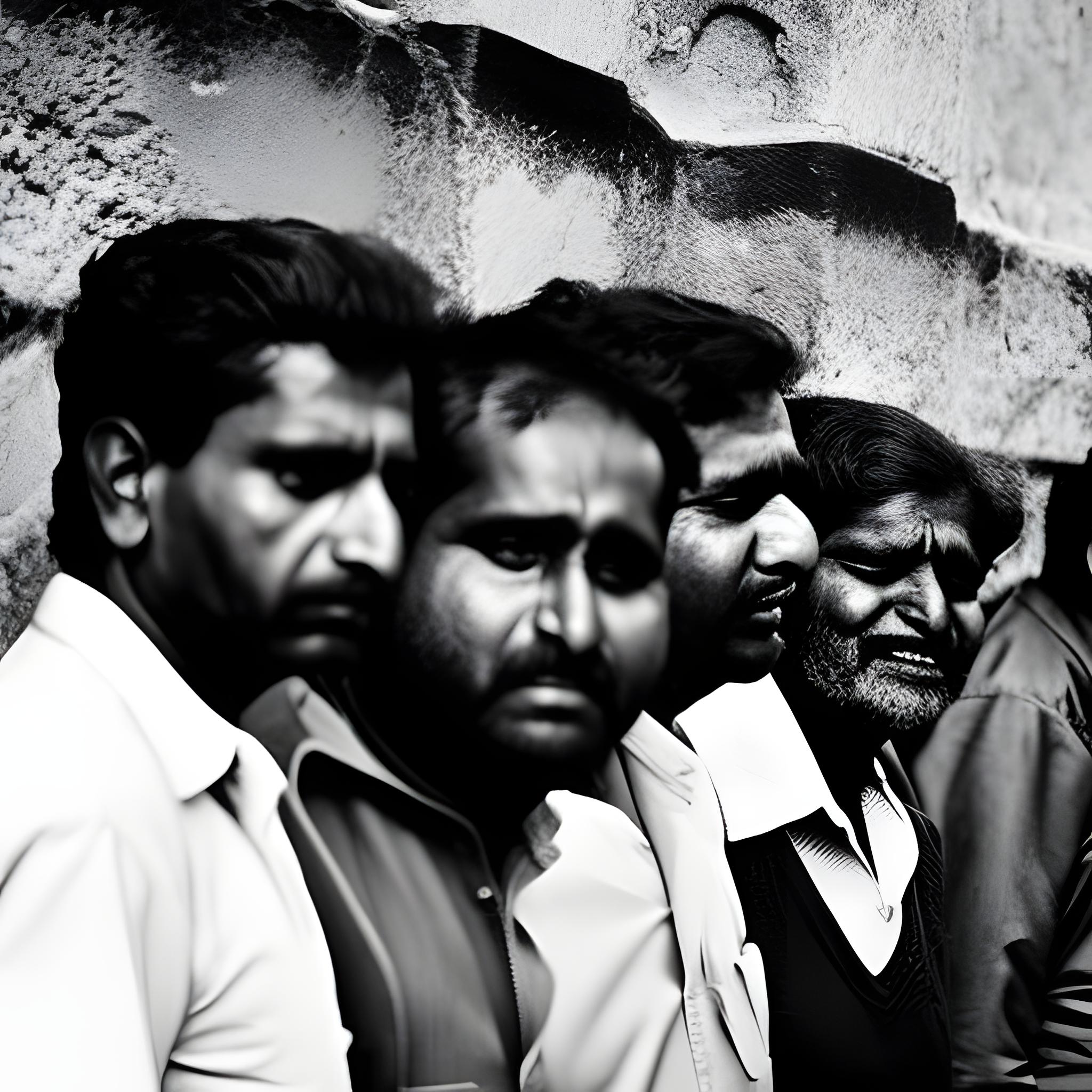 5 indian man standing in line in a jail crying. Rape cases in rise- Indianman.in